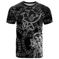 Norse Dragon and Viking Axe T Shirt Monochrome Runic Line Art Illustration