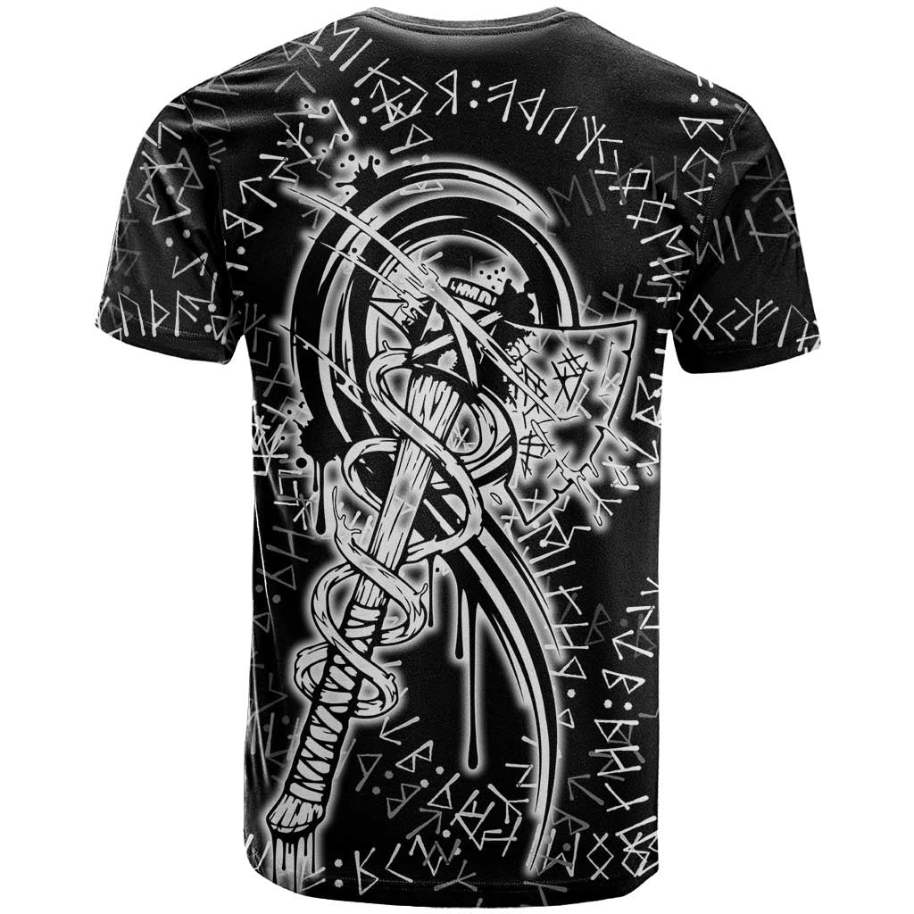 Norse Dragon and Viking Axe T Shirt Monochrome Runic Line Art Illustration