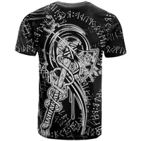 Norse Dragon and Viking Axe T Shirt Monochrome Runic Line Art Illustration