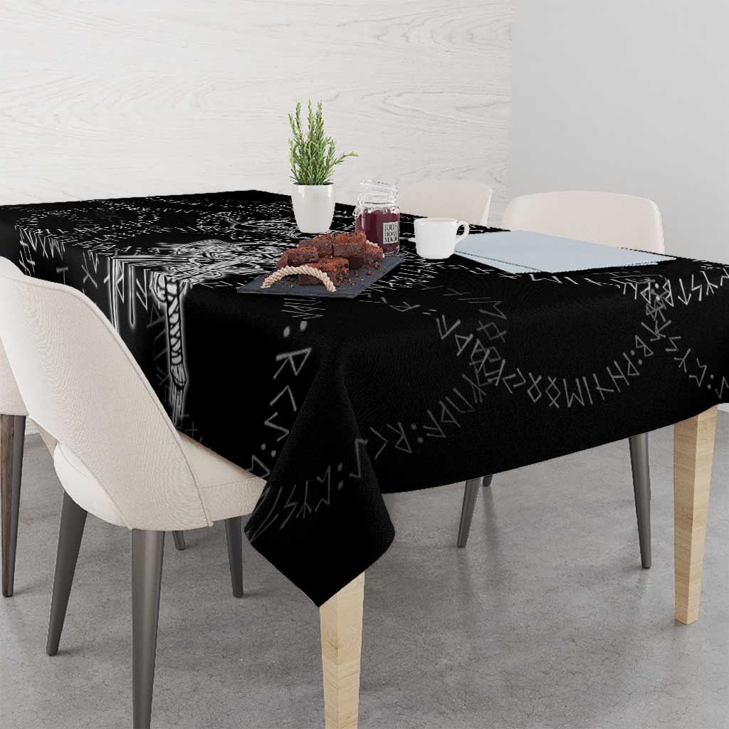 Norse Dragon and Viking Axe Tablecloth Monochrome Runic Line Art Illustration
