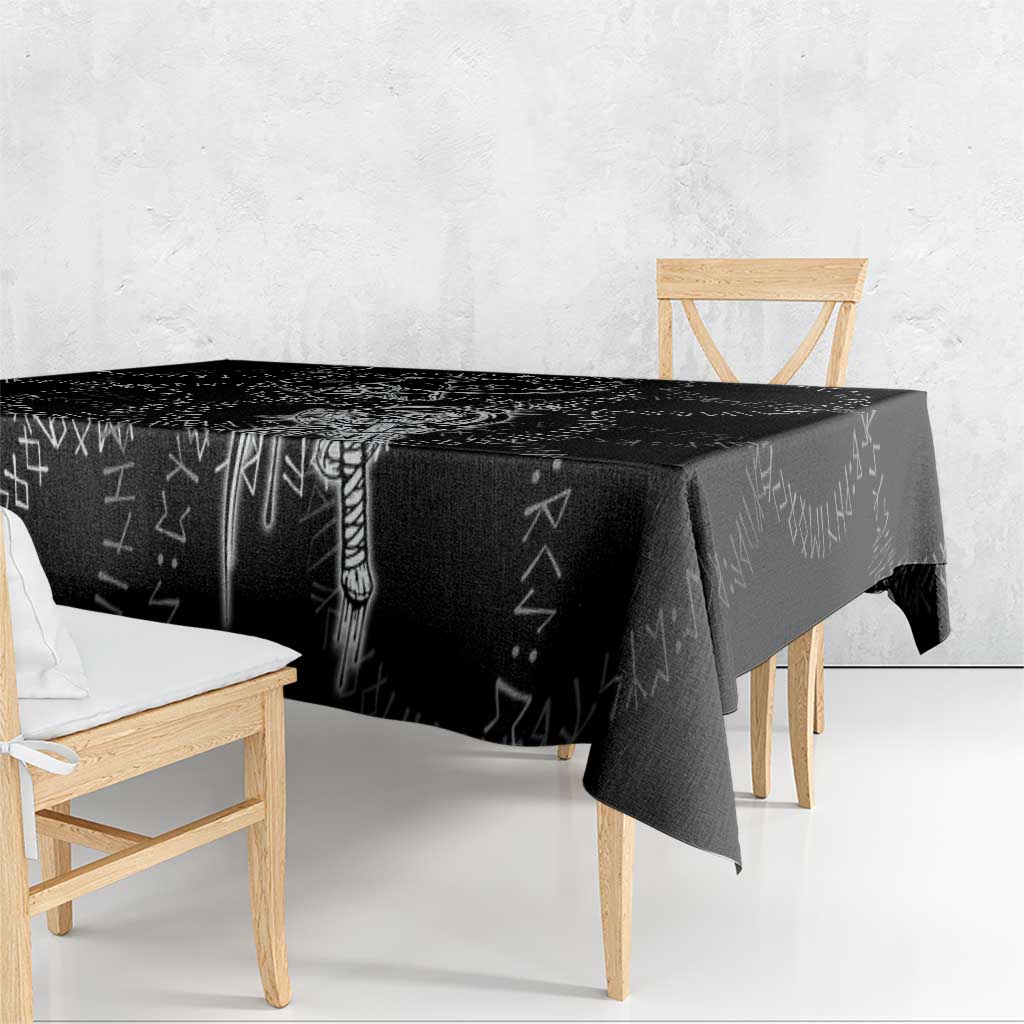 Norse Dragon and Viking Axe Tablecloth Monochrome Runic Line Art Illustration