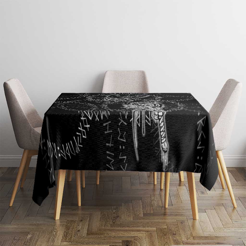 Norse Dragon and Viking Axe Tablecloth Monochrome Runic Line Art Illustration