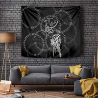 Norse Dragon and Viking Axe Tapestry Monochrome Runic Line Art Illustration