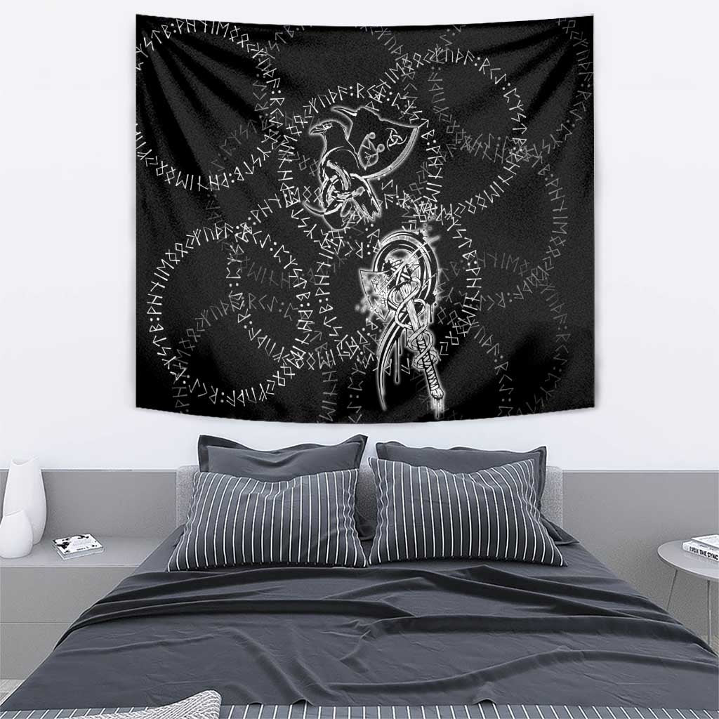 Norse Dragon and Viking Axe Tapestry Monochrome Runic Line Art Illustration