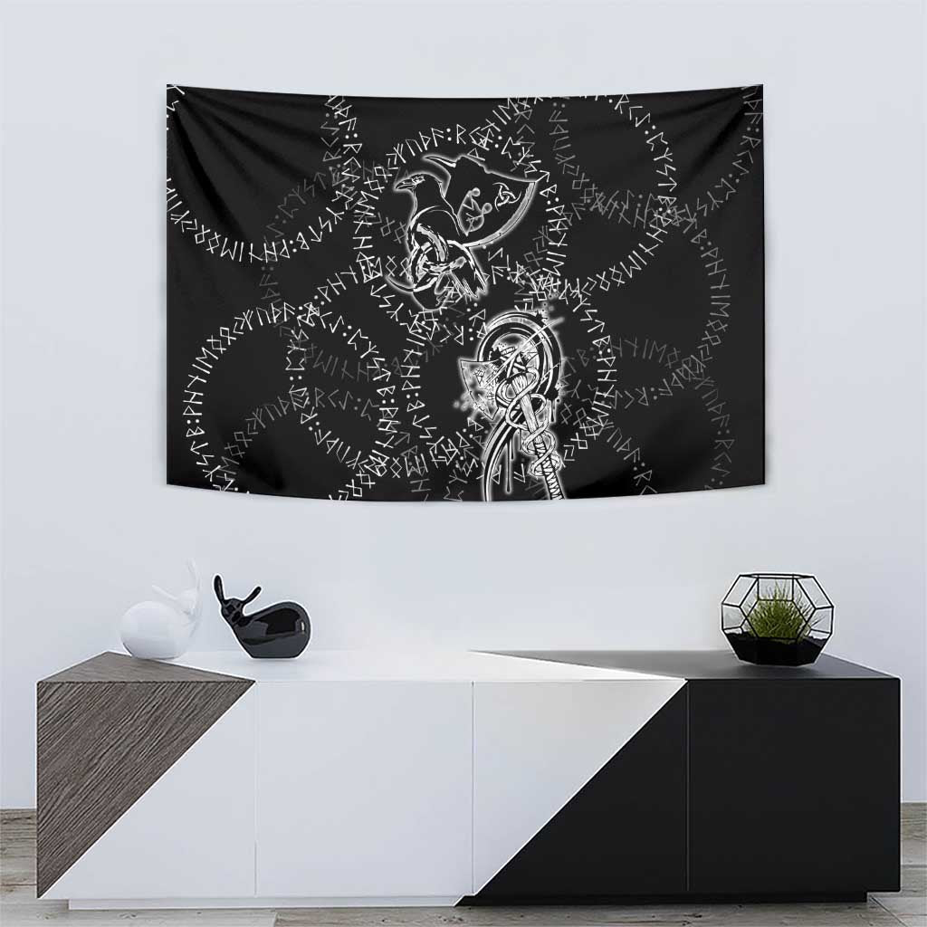 Norse Dragon and Viking Axe Tapestry Monochrome Runic Line Art Illustration