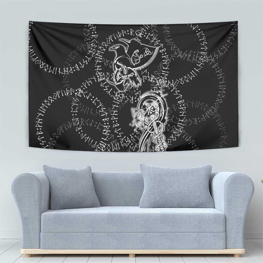 Norse Dragon and Viking Axe Tapestry Monochrome Runic Line Art Illustration