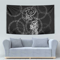 Norse Dragon and Viking Axe Tapestry Monochrome Runic Line Art Illustration