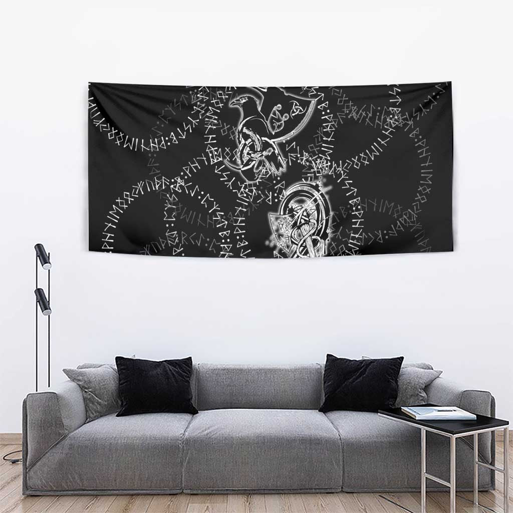 Norse Dragon and Viking Axe Tapestry Monochrome Runic Line Art Illustration