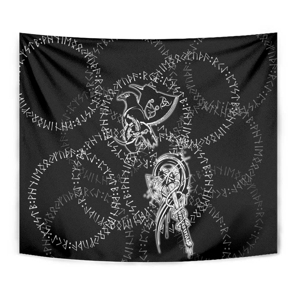 Norse Dragon and Viking Axe Tapestry Monochrome Runic Line Art Illustration