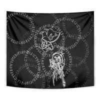 Norse Dragon and Viking Axe Tapestry Monochrome Runic Line Art Illustration