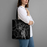 Norse Dragon and Viking Axe Tote Bag Monochrome Runic Line Art Illustration