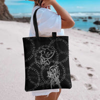 Norse Dragon and Viking Axe Tote Bag Monochrome Runic Line Art Illustration