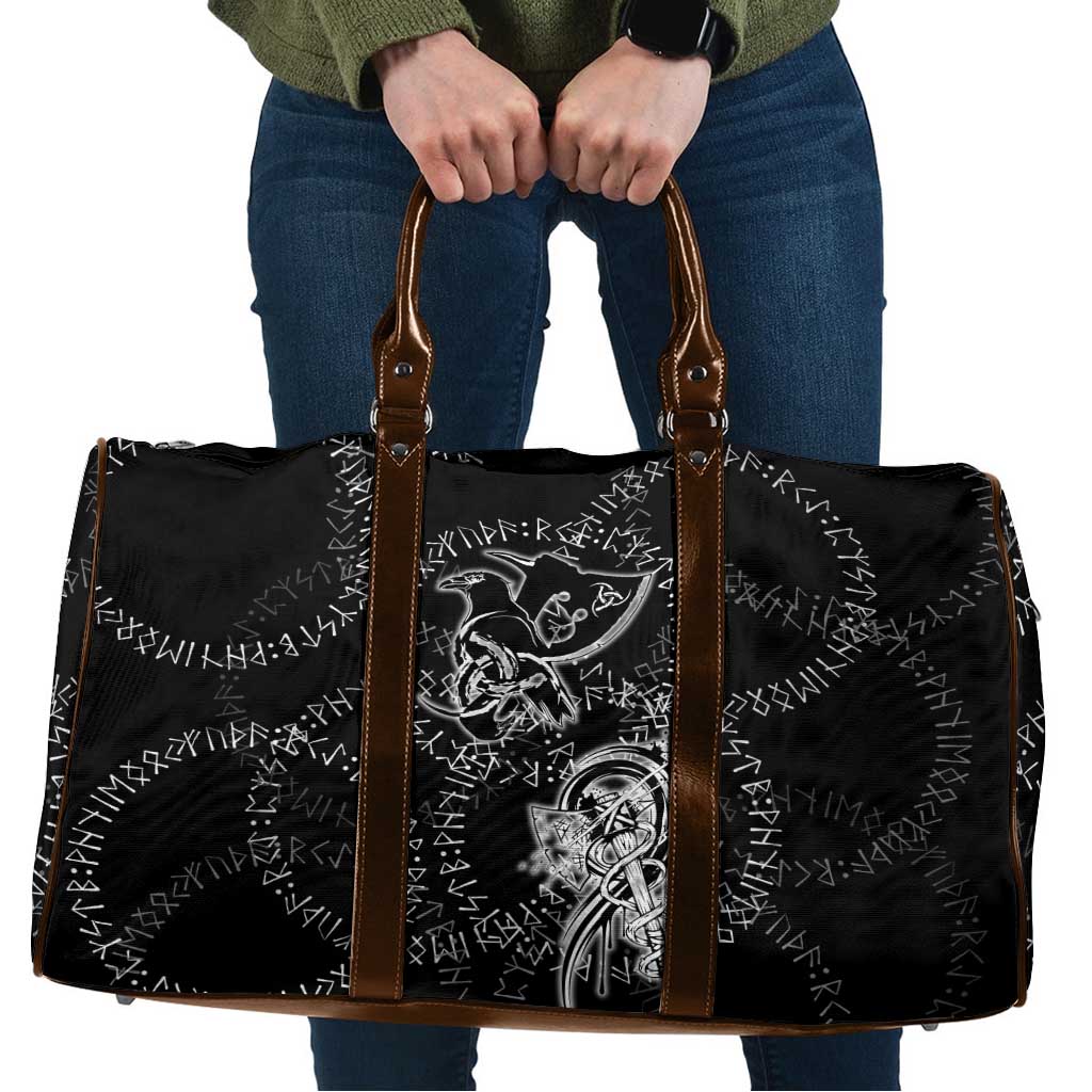 Norse Dragon and Viking Axe Travel Bag Monochrome Runic Line Art Illustration
