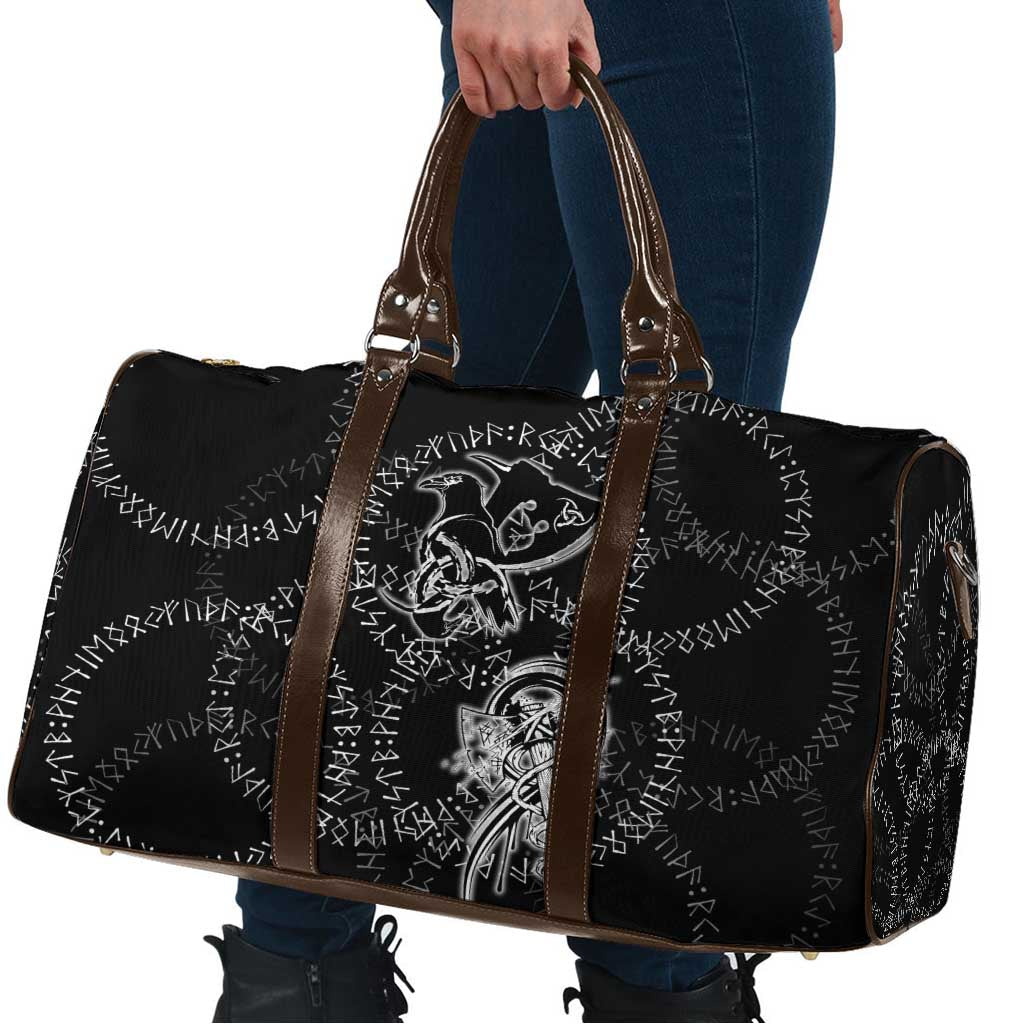 Norse Dragon and Viking Axe Travel Bag Monochrome Runic Line Art Illustration
