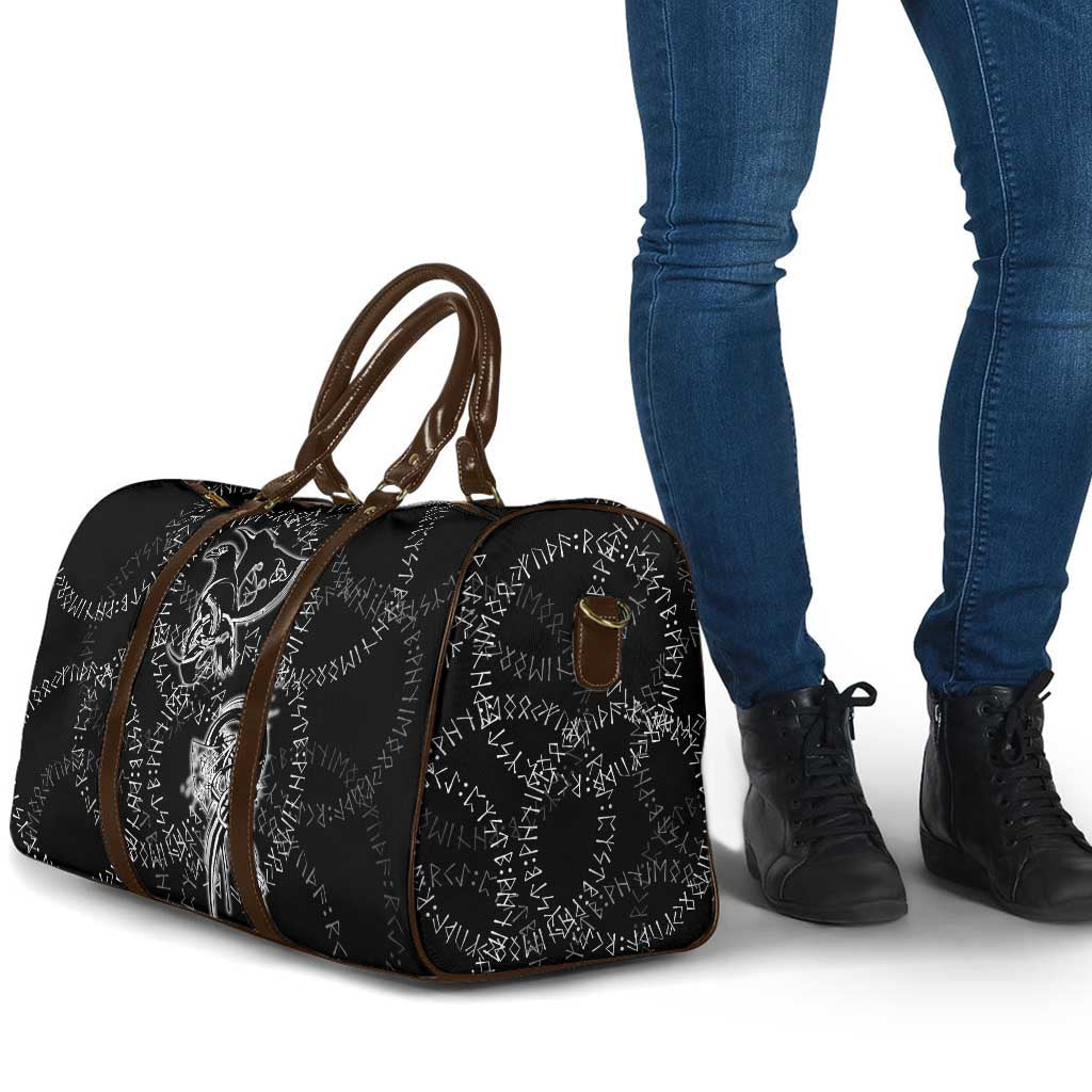 Norse Dragon and Viking Axe Travel Bag Monochrome Runic Line Art Illustration