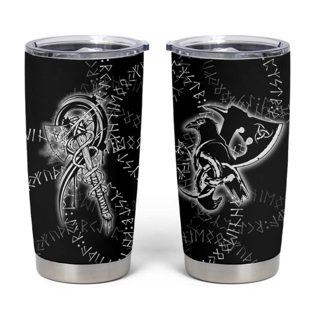 Norse Dragon and Viking Axe Tumbler Cup Monochrome Runic Line Art Illustration