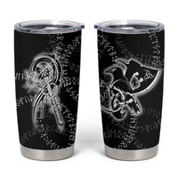 Norse Dragon and Viking Axe Tumbler Cup Monochrome Runic Line Art Illustration