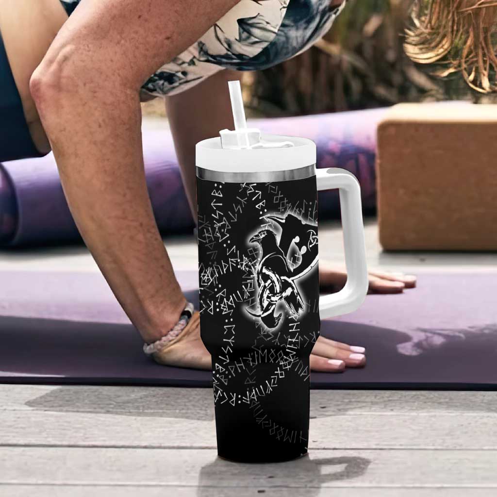 Norse Dragon and Viking Axe Tumbler With Handle Monochrome Runic Line Art Illustration
