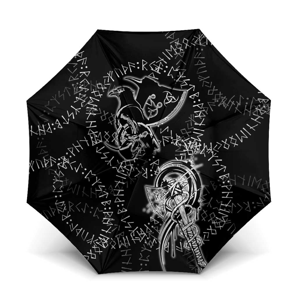 Norse Dragon and Viking Axe Umbrella Monochrome Runic Line Art Illustration