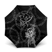 Norse Dragon and Viking Axe Umbrella Monochrome Runic Line Art Illustration