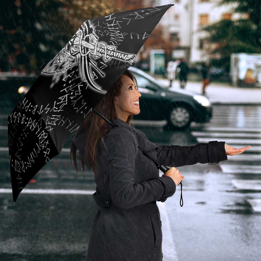 Norse Dragon and Viking Axe Umbrella Monochrome Runic Line Art Illustration