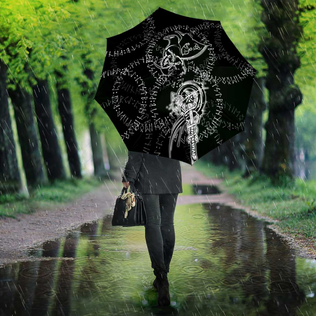 Norse Dragon and Viking Axe Umbrella Monochrome Runic Line Art Illustration