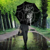 Norse Dragon and Viking Axe Umbrella Monochrome Runic Line Art Illustration