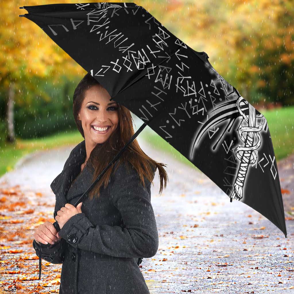 Norse Dragon and Viking Axe Umbrella Monochrome Runic Line Art Illustration