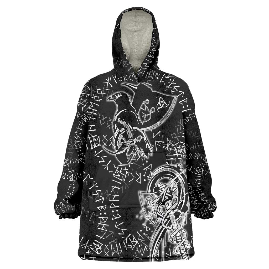 Norse Dragon and Viking Axe Wearable Blanket Hoodie Monochrome Runic Line Art Illustration