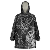 Norse Dragon and Viking Axe Wearable Blanket Hoodie Monochrome Runic Line Art Illustration