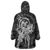 Norse Dragon and Viking Axe Wearable Blanket Hoodie Monochrome Runic Line Art Illustration