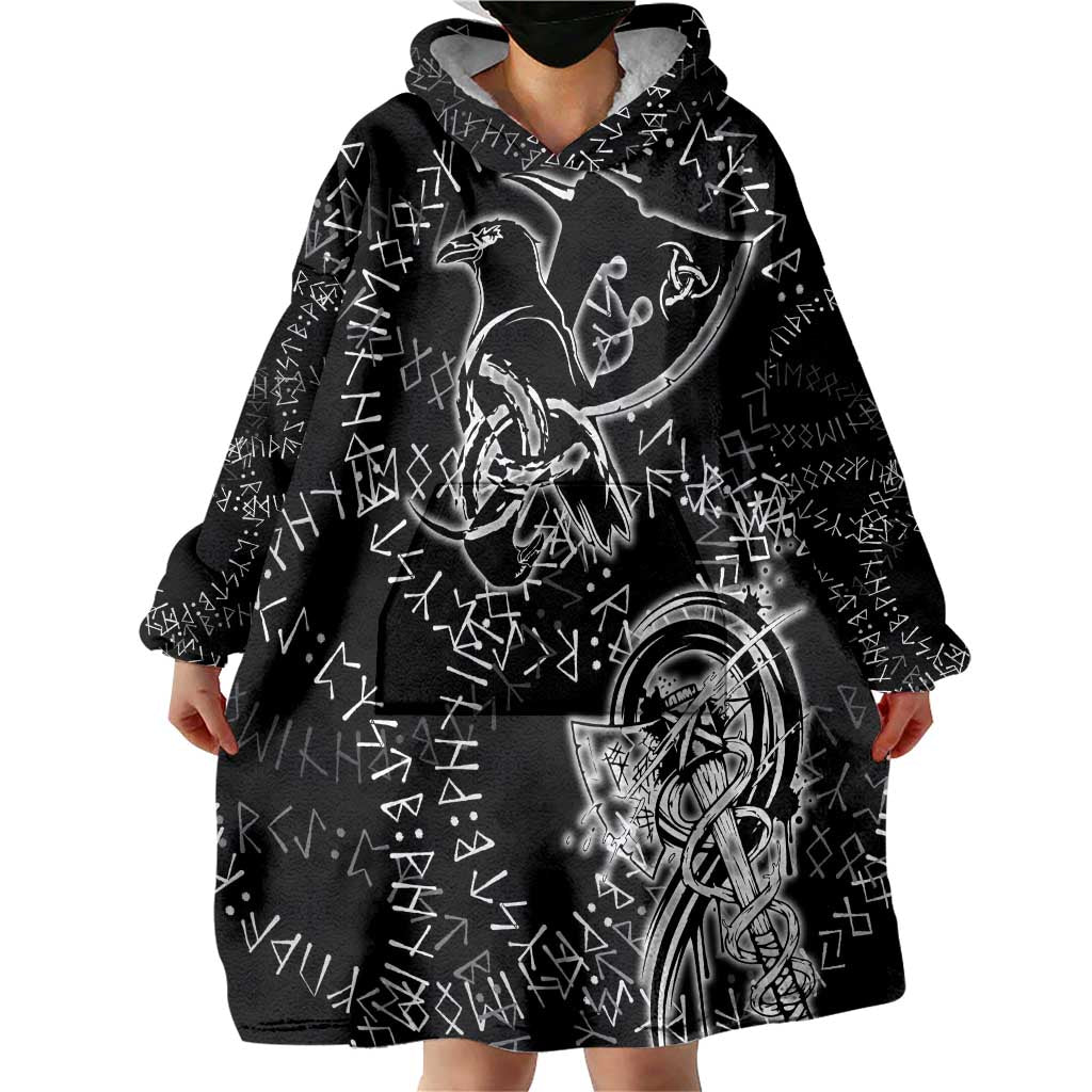 Norse Dragon and Viking Axe Wearable Blanket Hoodie Monochrome Runic Line Art Illustration