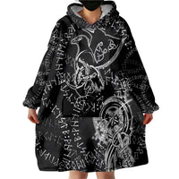 Norse Dragon and Viking Axe Wearable Blanket Hoodie Monochrome Runic Line Art Illustration