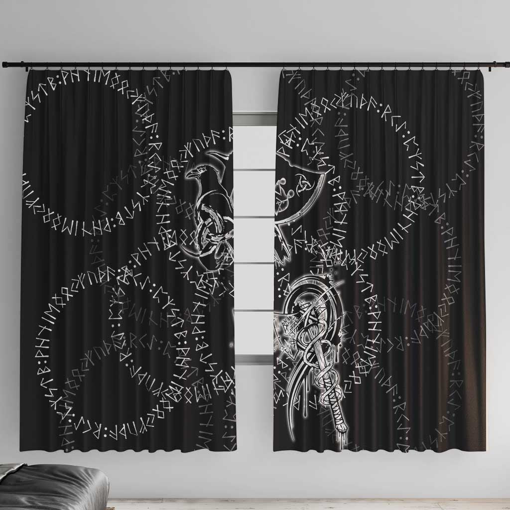 Norse Dragon and Viking Axe Window Curtain Monochrome Runic Line Art Illustration