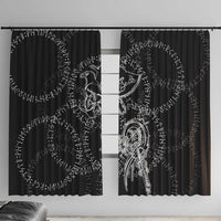 Norse Dragon and Viking Axe Window Curtain Monochrome Runic Line Art Illustration