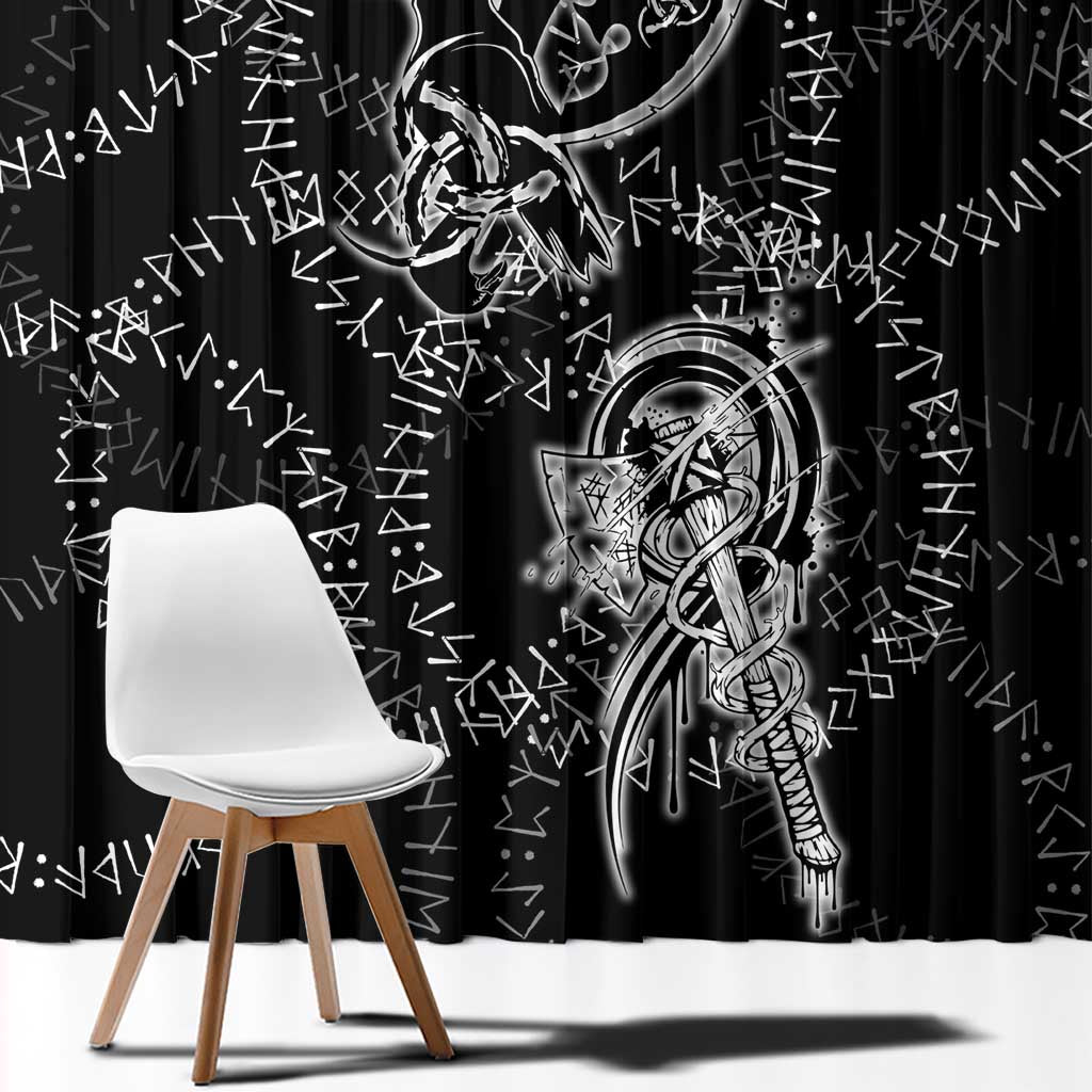 Norse Dragon and Viking Axe Window Curtain Monochrome Runic Line Art Illustration