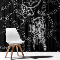 Norse Dragon and Viking Axe Window Curtain Monochrome Runic Line Art Illustration