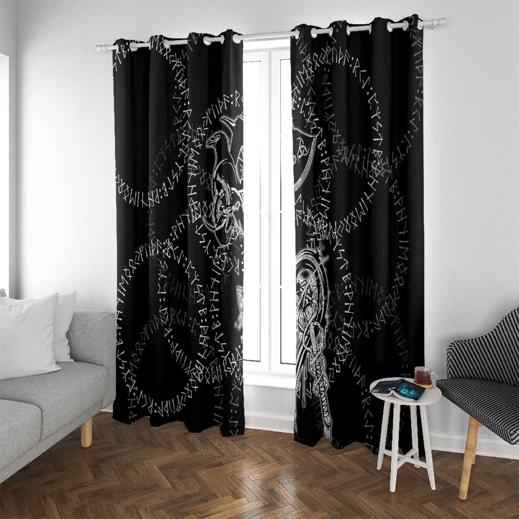 Norse Dragon and Viking Axe Window Curtain Monochrome Runic Line Art Illustration