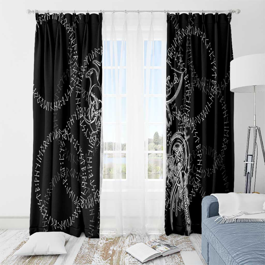 Norse Dragon and Viking Axe Window Curtain Monochrome Runic Line Art Illustration