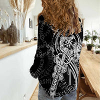 Norse Dragon and Viking Axe Women Casual Shirt Monochrome Runic Line Art Illustration