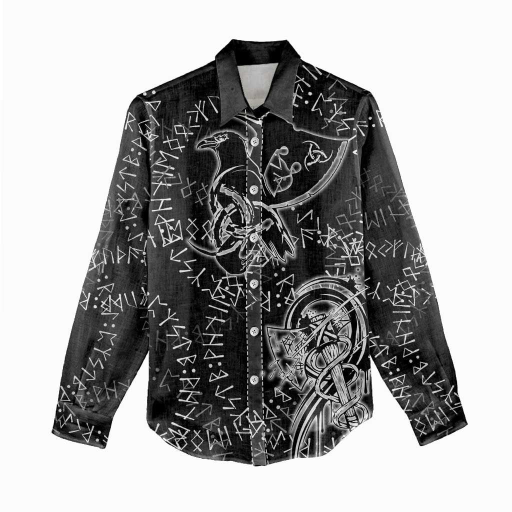 Norse Dragon and Viking Axe Women Casual Shirt Monochrome Runic Line Art Illustration