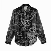 Norse Dragon and Viking Axe Women Casual Shirt Monochrome Runic Line Art Illustration