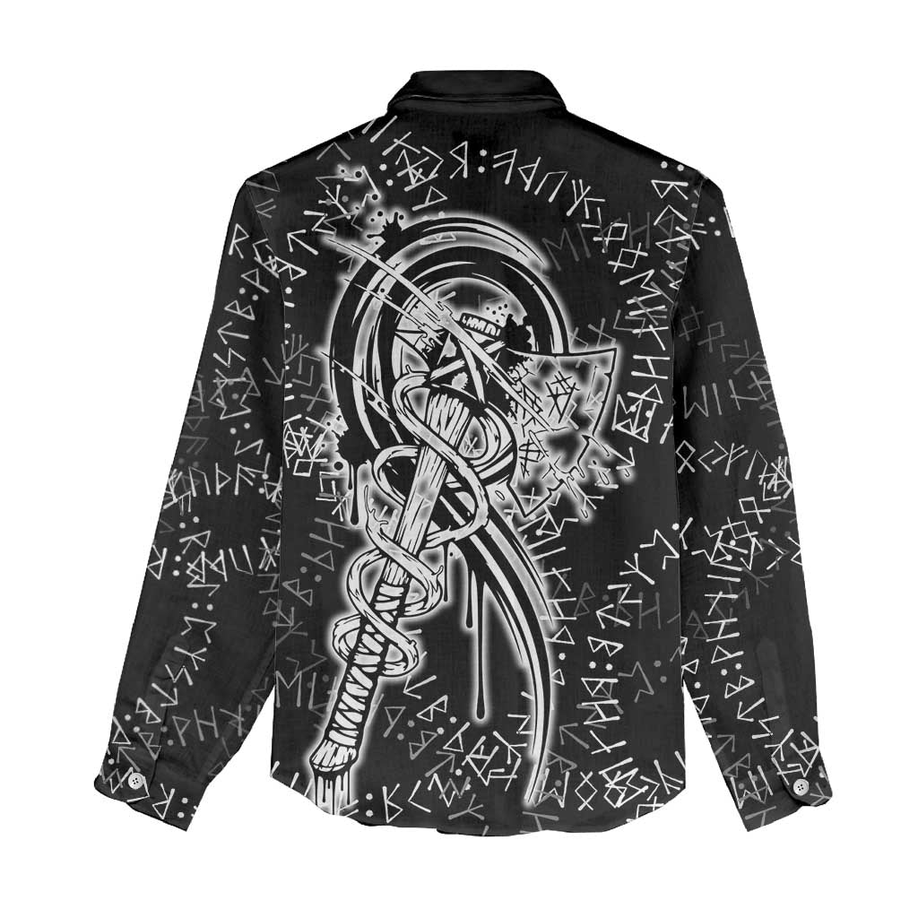 Norse Dragon and Viking Axe Women Casual Shirt Monochrome Runic Line Art Illustration
