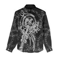 Norse Dragon and Viking Axe Women Casual Shirt Monochrome Runic Line Art Illustration