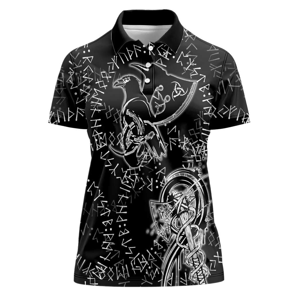 Norse Dragon and Viking Axe Women Polo Shirt Monochrome Runic Line Art Illustration