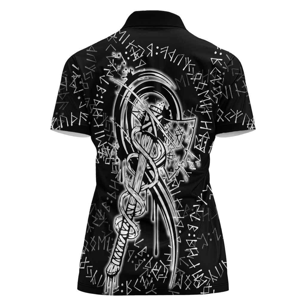 Norse Dragon and Viking Axe Women Polo Shirt Monochrome Runic Line Art Illustration