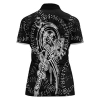Norse Dragon and Viking Axe Women Polo Shirt Monochrome Runic Line Art Illustration