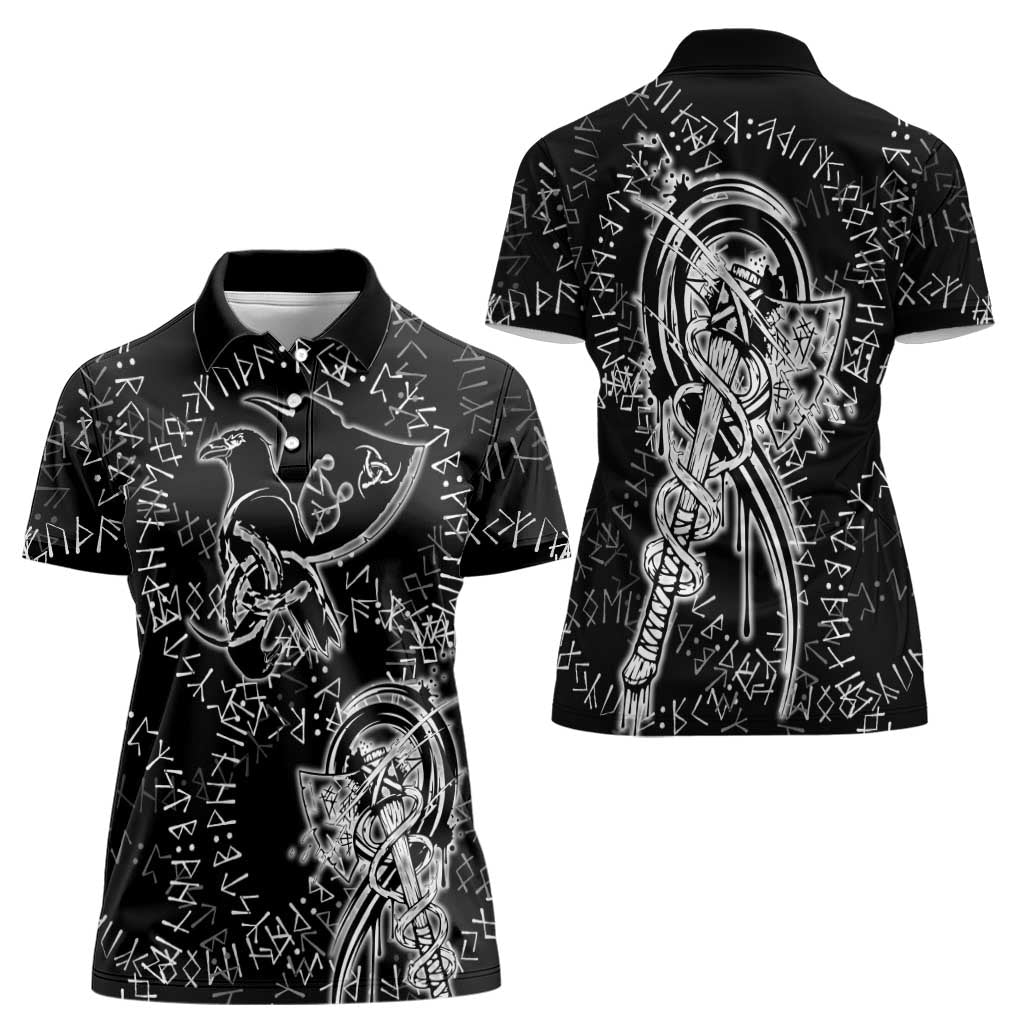 Norse Dragon and Viking Axe Women Polo Shirt Monochrome Runic Line Art Illustration