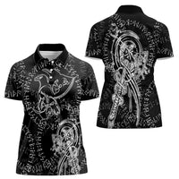 Norse Dragon and Viking Axe Women Polo Shirt Monochrome Runic Line Art Illustration