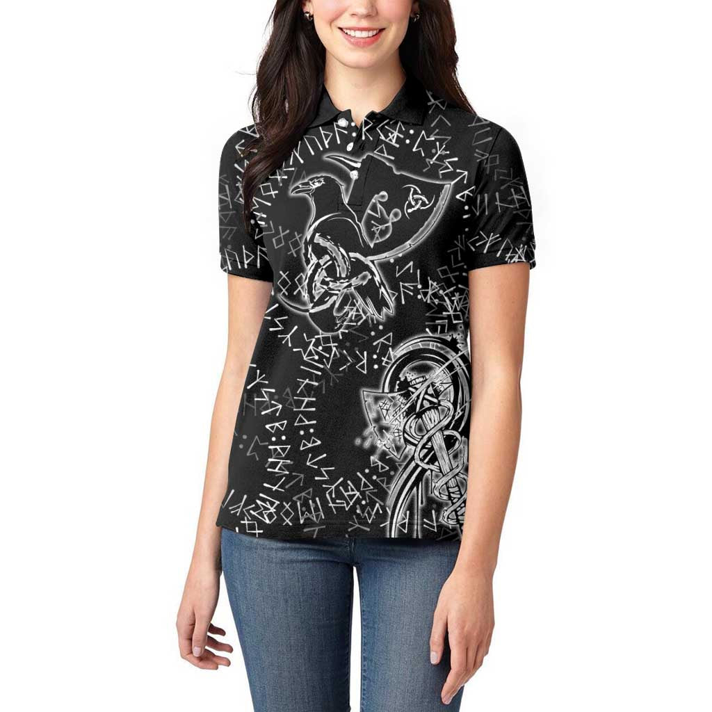 Norse Dragon and Viking Axe Women Polo Shirt Monochrome Runic Line Art Illustration